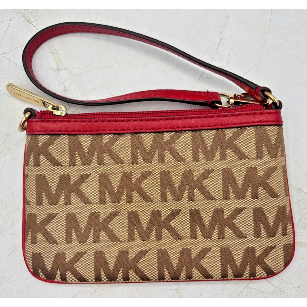 Michael Kors Jacquard Monagram Wristlet Mini Bag Red Leather Signature Lining - Picture 2 of 16